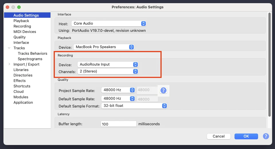 AudioRoute Input listed as a recording device in Audacity preferences