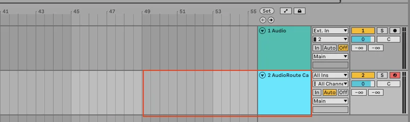 Ableton Live arrangement view showing two tracks: an empty '1 Audio' destination track on top and a '2 AudioRoute Ca' MIDI source track hosting AudioRoute Capture below