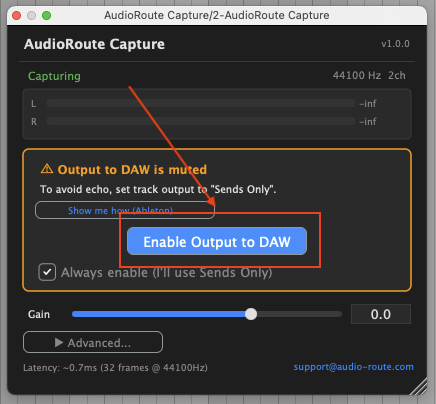 AudioRoute Capture plugin window showing 'Output to DAW is muted' warning with 'Enable Output to DAW' button and 'Always enable (I'll use Sends Only)' checkbox