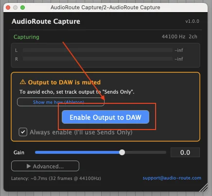 AudioRoute Capture plugin window showing 'Output to DAW is muted' warning with 'Enable Output to DAW' button and 'Always enable (I'll use Sends Only)' checkbox