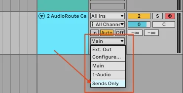 Ableton Live track output routing dropdown showing options Ext. Out, Configure..., Main, 1-Audio, and Sends Only with Sends Only highlighted