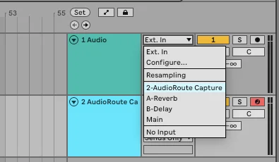 Ableton Live track input dropdown showing options Ext. In, Configure..., Resampling, 2-AudioRoute Capture (highlighted), A-Reverb, B-Delay, Main, No Input