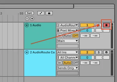 Ableton Live tracks showing the destination track armed (red Arm button highlighted) with input set to 2-AudioRoute and Post Mixer