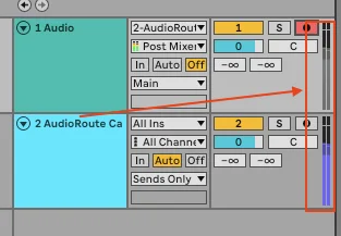 Ableton Live tracks with meters showing audio activity on both the source and destination tracks