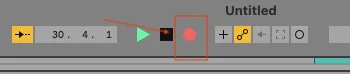 Ableton Live top transport bar showing the global Record button highlighted with a red border