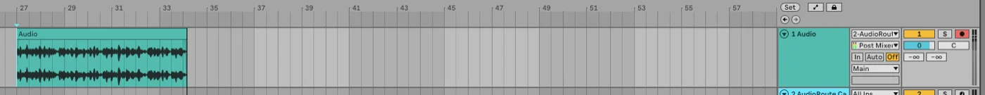 Ableton Live arrangement view showing a recorded audio clip with visible waveform on the destination track