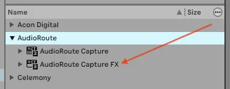 Ableton Live plug-ins browser showing the AudioRoute folder expanded with AudioRoute Capture and AudioRoute Capture FX, an arrow pointing at AudioRoute Capture FX.