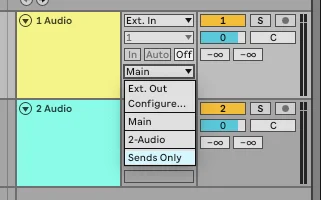 Ableton Live track I/O area on Audio 1 showing the Audio To dropdown open with options Ext. Out, Configure..., Main, 2-Audio, Sends Only — with Sends Only highlighted.