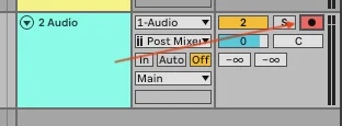 Ableton Live Audio 2 strip showing Audio From: 1-Audio, sub-route Post Mixer, Monitor: Off, and the red Arm button lit.