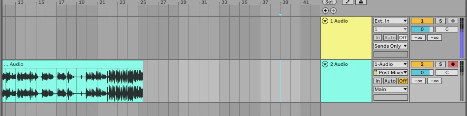 Ableton Live arrangement view showing two tracks. Audio 1 (yellow, Sends Only) hosts the AR Capture FX. Audio 2 (cyan, armed) has a recorded audio clip with a visible waveform on the timeline.