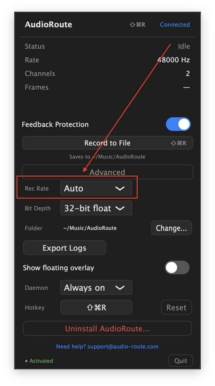 AudioRoute tray popup showing the Advanced settings expanded. The Rec Rate dropdown is set to 'Auto' and highlighted with a red arrow. Status shows Idle, Rate 48000 Hz, Channels 2. Bit Depth is set to '32-bit float'.