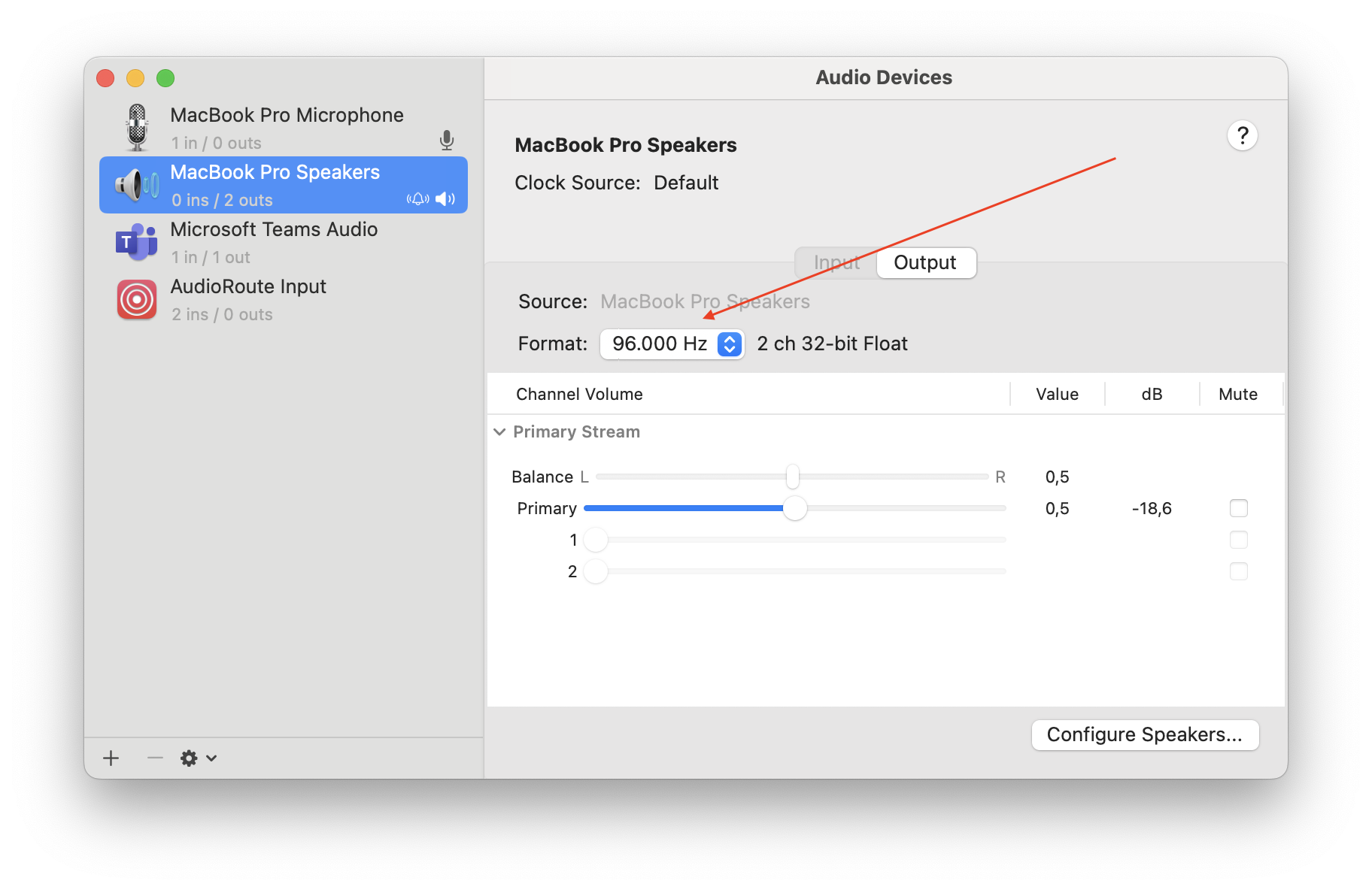 Audio MIDI Setup on macOS showing the default output device's Format set to 96.000 Hz / 2 ch 32-bit Float — the rate AudioRoute's Auto mode will follow for bit-perfect capture