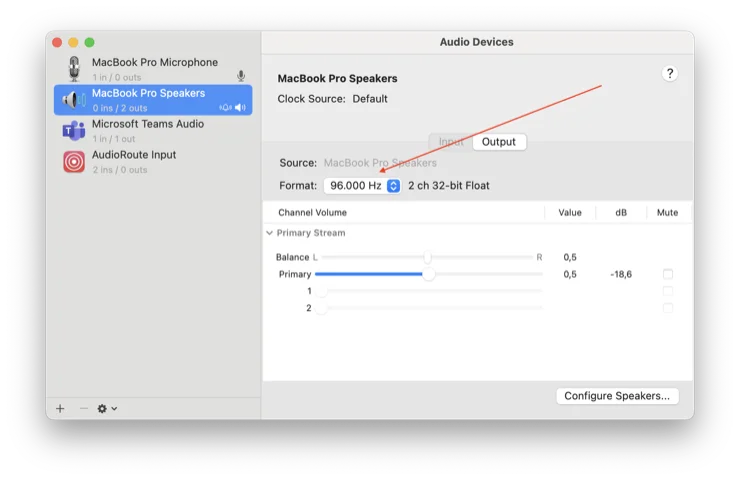 macOS Audio MIDI Setup window with MacBook Pro Speakers selected on the left and the Output tab on the right. The Format dropdown is set to '96.000 Hz 2 ch 32-bit Float', highlighted with a red arrow.