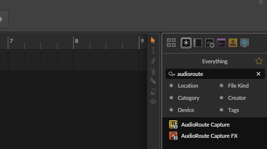 Bitwig plug-in browser searched for 'audioroute', showing AudioRoute Capture and AudioRoute Capture FX in the results.