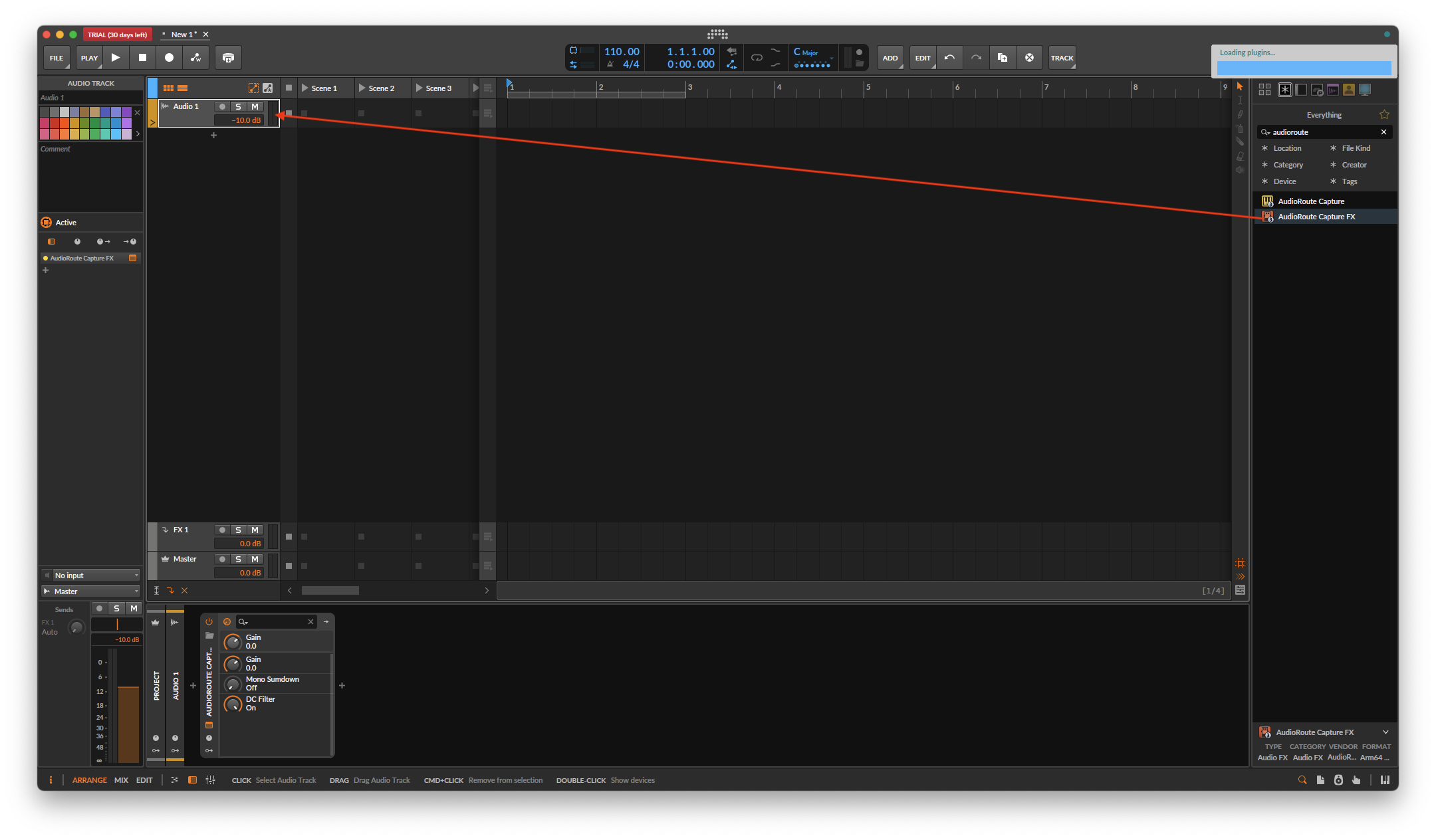 Dragging AudioRoute Capture FX from the Bitwig browser onto the Audio 1 track; the device loads in the track's device chain.
