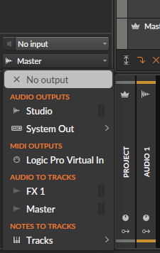 Bitwig track output selector open with 'No output' highlighted at the top of the list.