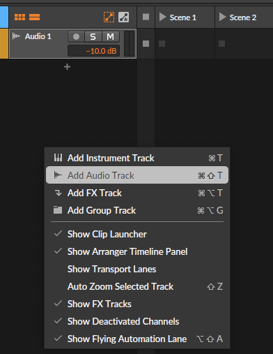 Bitwig right-click track menu with 'Add Audio Track' highlighted.