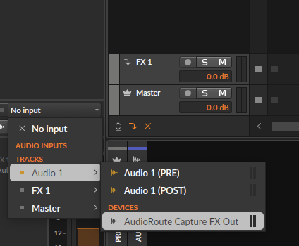 Bitwig input selector on the second track, drilled into Audio 1 then Devices, with 'AudioRoute Capture FX Out' highlighted.