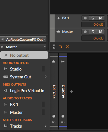 Bitwig second track output selector set to 'No output', with its input showing 'AudioRoute Capture FX Out'.