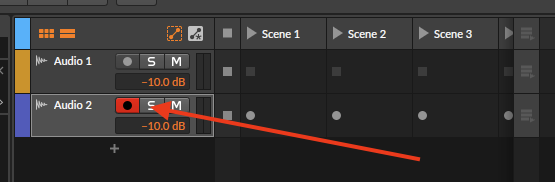 Bitwig Audio 2 track header with the record-arm button lit red.