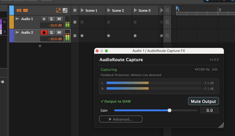 Bitwig with both track meters moving and the AudioRoute Capture window showing Capturing at 44100 Hz 2ch with the L/R meters moving.