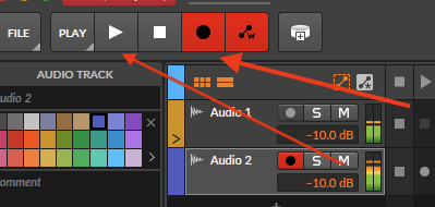 Bitwig transport with the global Record button and Play engaged, and Audio 2 armed.
