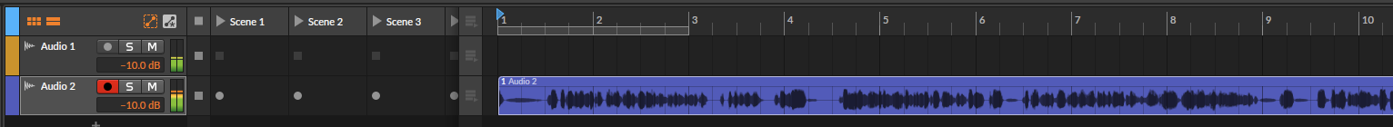 Bitwig timeline showing the recorded waveform clip on the Audio 2 track.