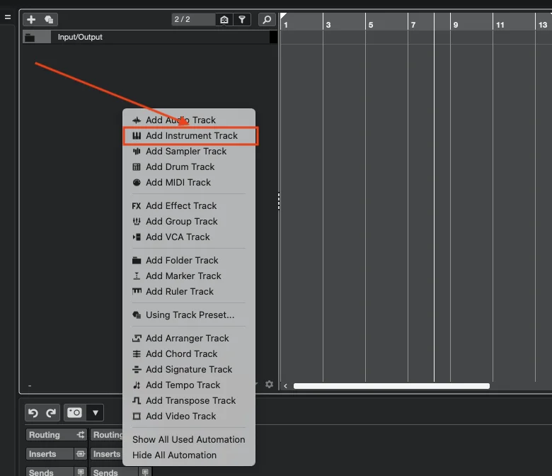 Cubase right-click context menu in the track list area with 'Add Instrument Track' highlighted.