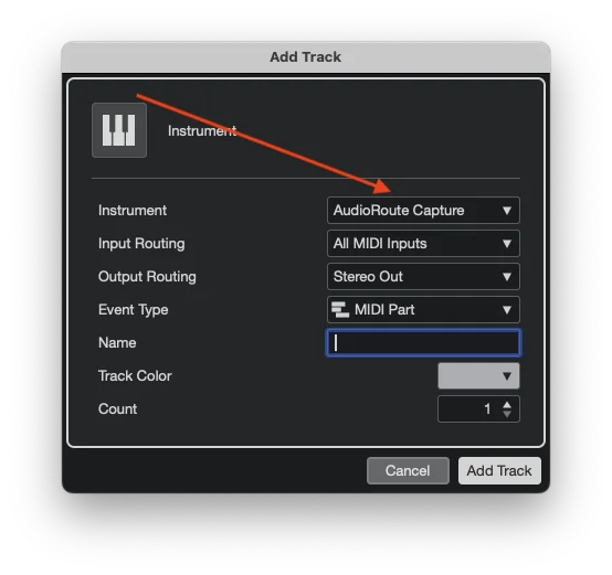 Cubase 'Add Track' dialog with Instrument set to AudioRoute Capture.