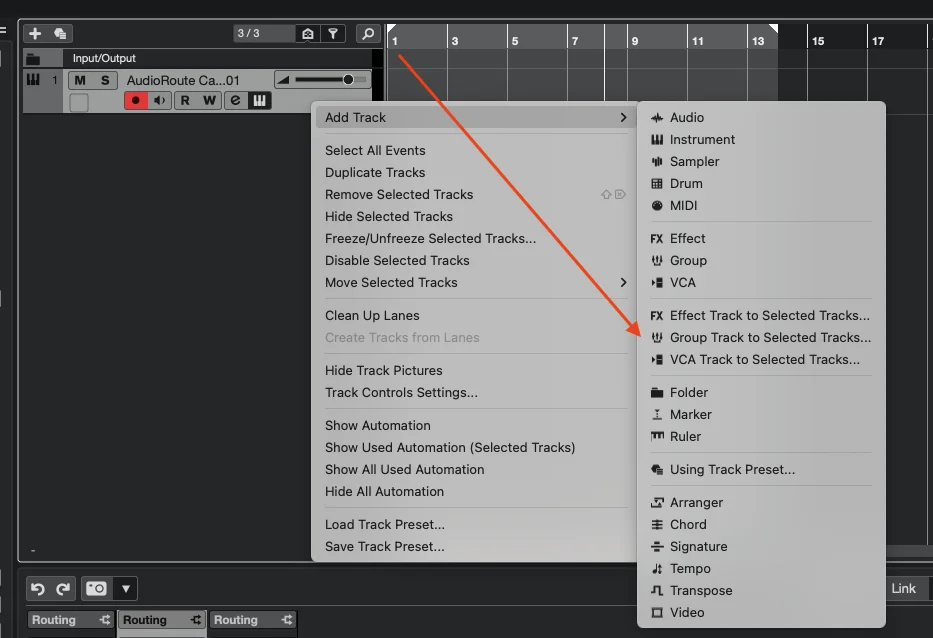Cubase right-click menu on the Instrument Track with 'Add Track → Group Track to Selected Tracks' highlighted.