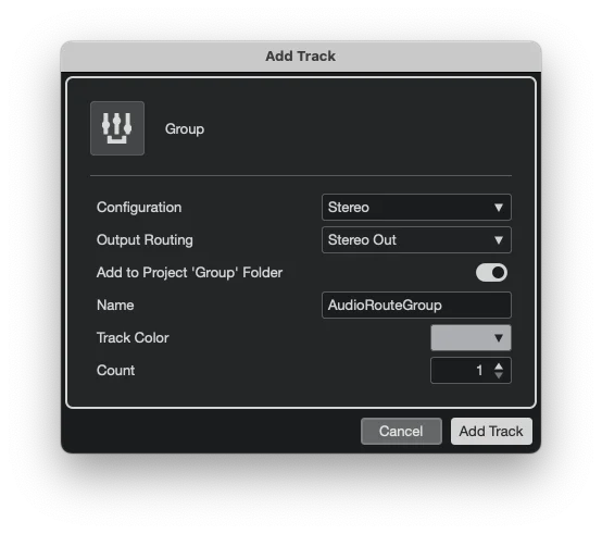 Cubase 'Add Track' dialog for a Group Track named 'AudioRouteGroup', stereo configuration, output routing Stereo Out.