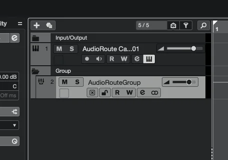 Cubase track list showing the Instrument Track 'AudioRoute Ca...01' and the new Group Track 'AudioRouteGroup' below it.