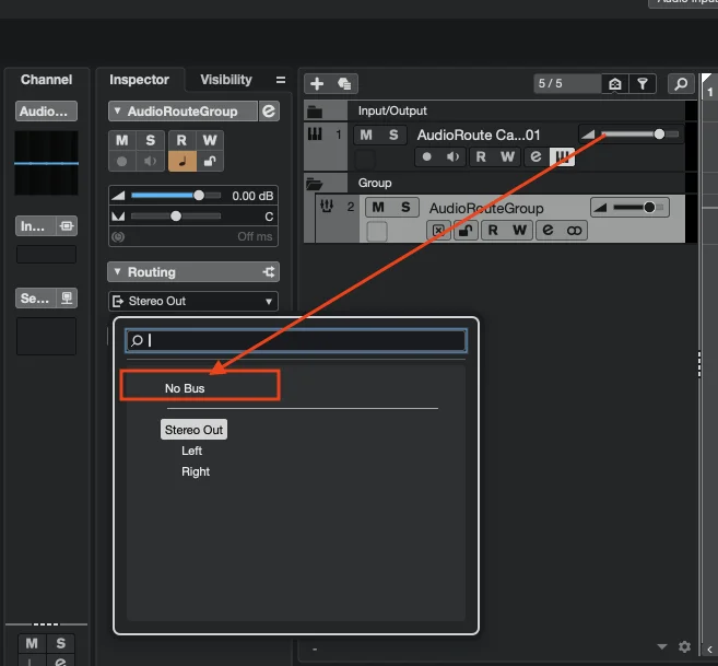 Cubase Inspector showing the Group Track's Output Routing dropdown open with 'No Bus' highlighted.