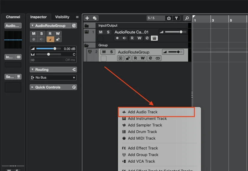 Cubase right-click menu with 'Add Audio Track' highlighted.