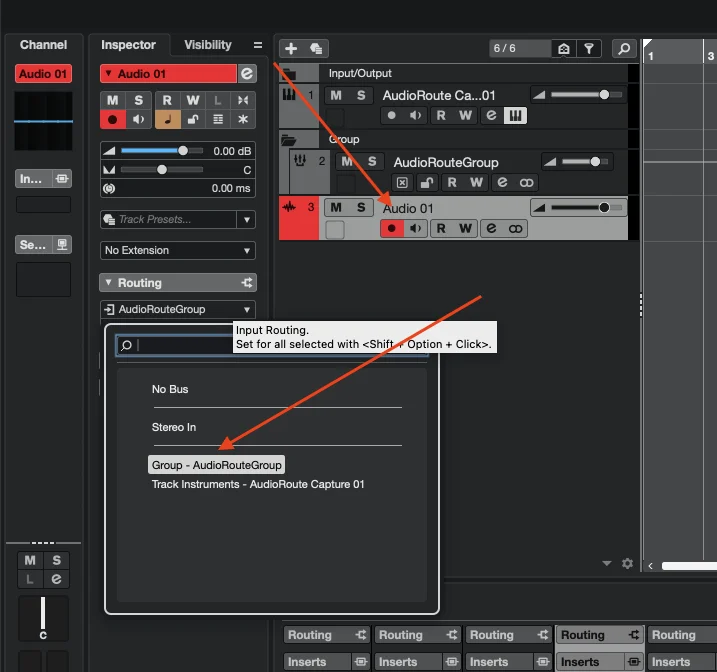 Cubase Audio Track Inspector with Input Routing dropdown open showing 'Group - AudioRouteGroup' selected. R button is lit (record-armed).