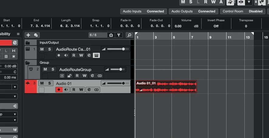 Cubase project window showing a recorded audio clip on the Audio Track with a visible waveform.
