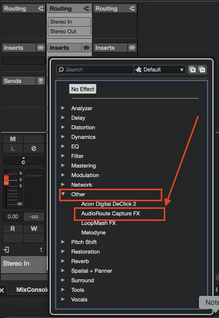 Cubase Inserts picker on an Audio Track with the Other category expanded and AudioRoute Capture FX highlighted.