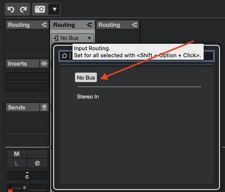 Cubase Audio Track Input Routing dropdown with No Bus highlighted.