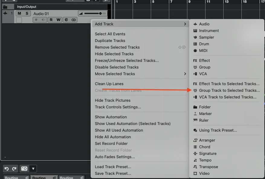 Cubase right-click menu on the Audio Track with Add Track → Group Track to Selected Tracks highlighted.