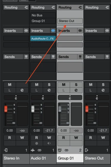 Cubase MixConsole strips showing Stereo In, Audio 01 with AudioRoute Capture FX inserted, Group 01 with Stereo Out output, and the master Stereo Out. An arrow indicates the Group's Output Routing field that needs to change.