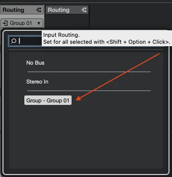 Cubase Audio 02 Input Routing dropdown with Group - Group 01 highlighted as the selected input source.