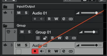 Cubase track list showing Audio 01, Group 01, and Audio 02 — Audio 02's R record-arm button lit red with an arrow pointing to it.