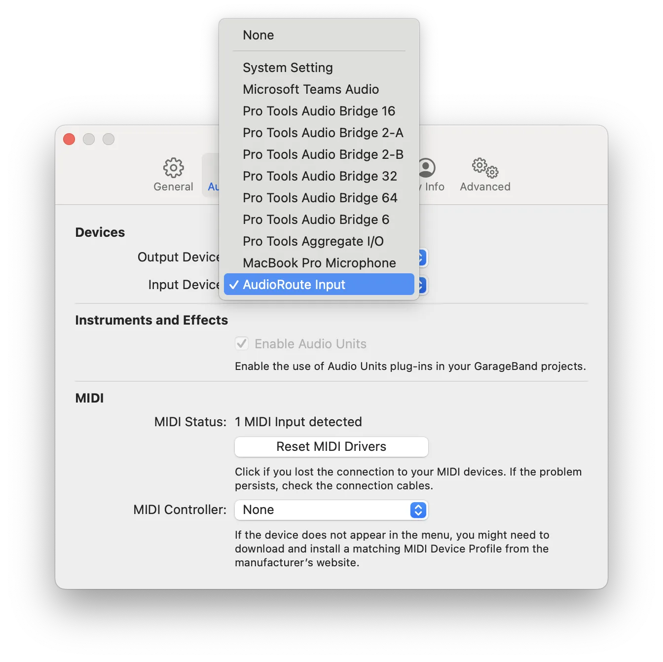 GarageBand Audio/MIDI settings with the Input Device dropdown open and 'AudioRoute Input' highlighted at the bottom of the list