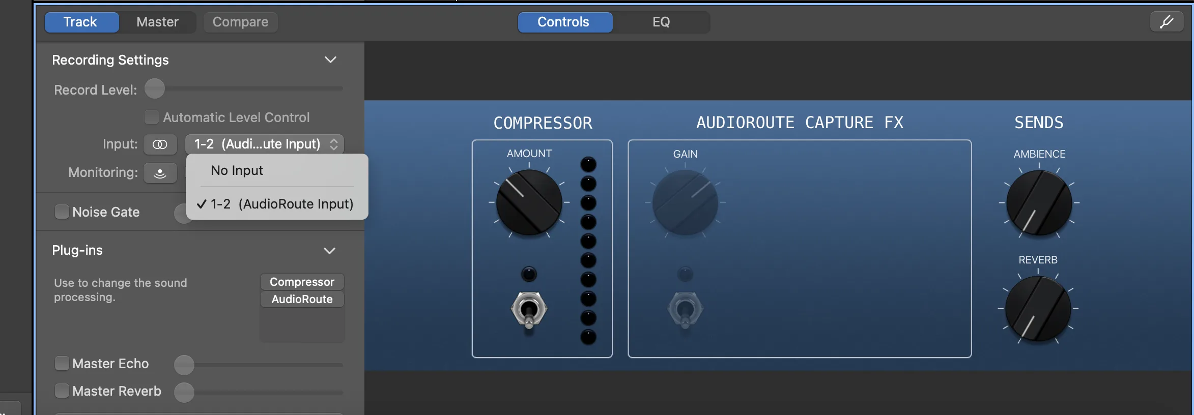 GarageBand Smart Controls Recording Settings panel with the Input dropdown open showing '1-2 (AudioRoute Input)' selected as the track input