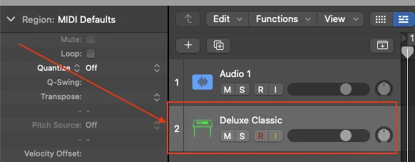 Logic Pro tracks panel showing an Audio track and a Software Instrument track named 'Deluxe Classic' highlighted with a red border