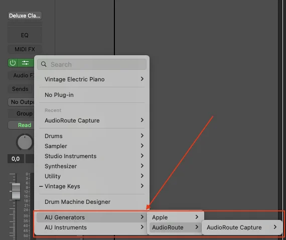 Logic Pro Instrument slot popup showing the path AU Generators → AudioRoute → AudioRoute Capture highlighted