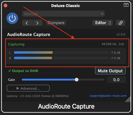 AudioRoute Capture plugin window showing active L/R meters at around -7.8 dB and a green Capturing status indicator