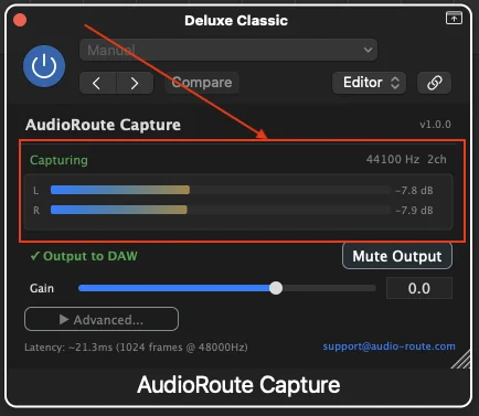 AudioRoute plugin window showing active L/R meters and a green Capturing status indicator