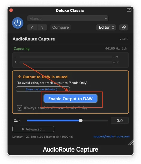 AudioRoute plugin window showing the first-launch 'Output to DAW is muted' notice with an Enable Output to DAW button