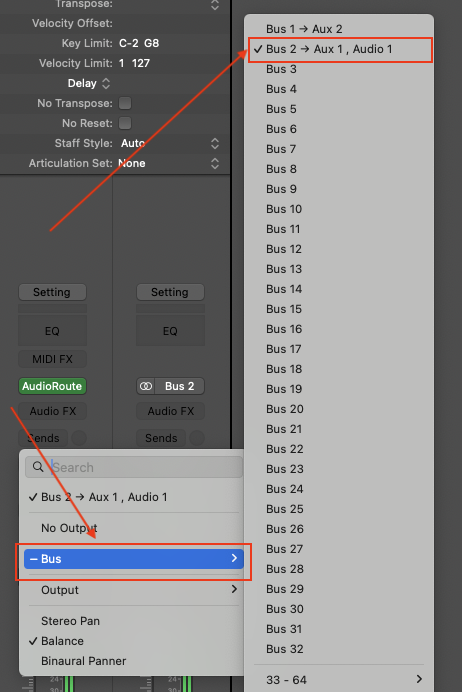 Logic Pro Output slot popup showing the Bus submenu with 'Bus 1 + Aux 1, Audio 1' option highlighted